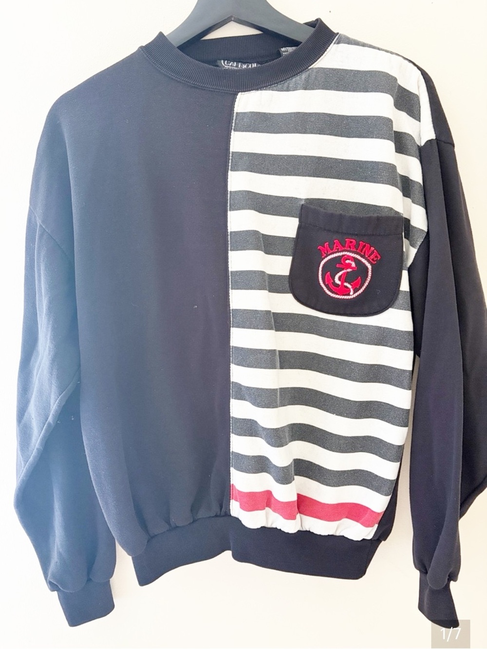 Marine Stripe Half-Panel Black Sweatshirt with Red Anchor Patch
